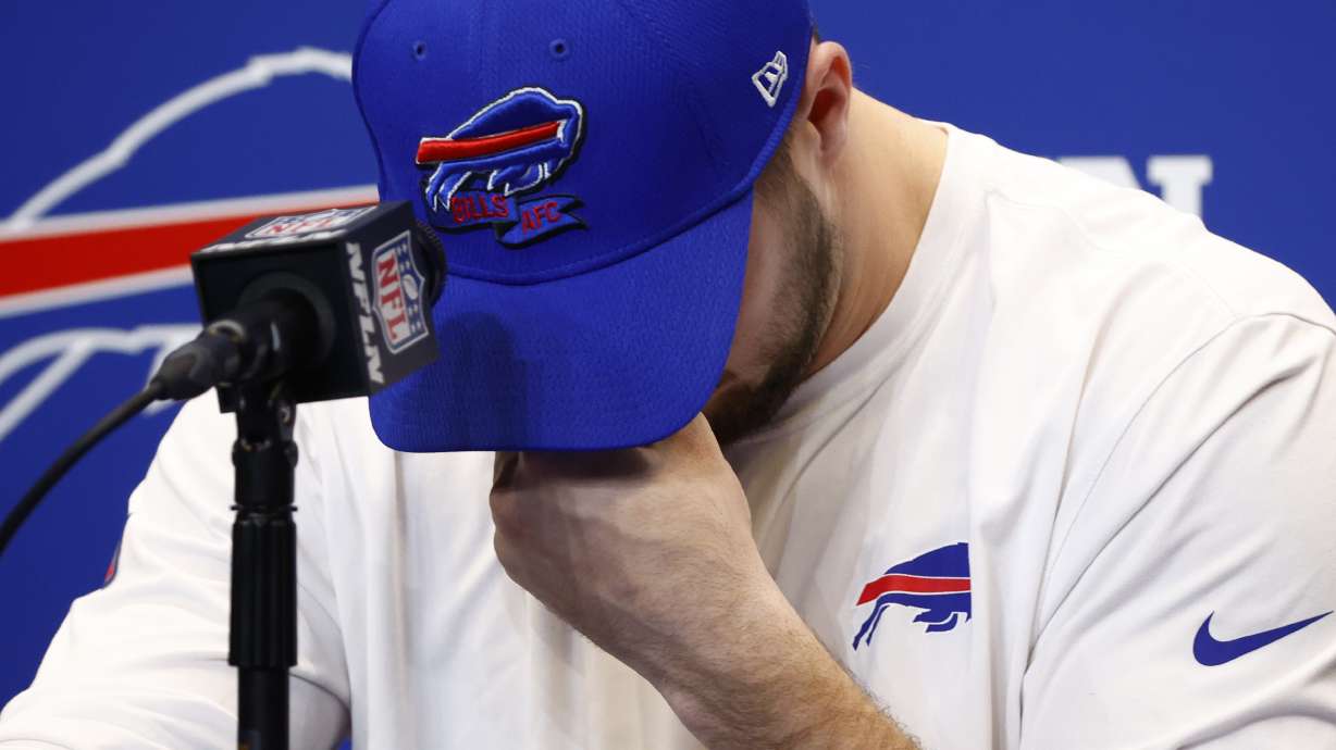 Buffalo Bills quarterback Josh Allen speaks with the media, Thursday Jan. 5, 2023, in Orchard Park, N.Y. Bills safety Damar Hamlin was taken to the hospital after collapsing on the field during the Bill's NFL football game against the Cincinnati Bengals on Monday night.