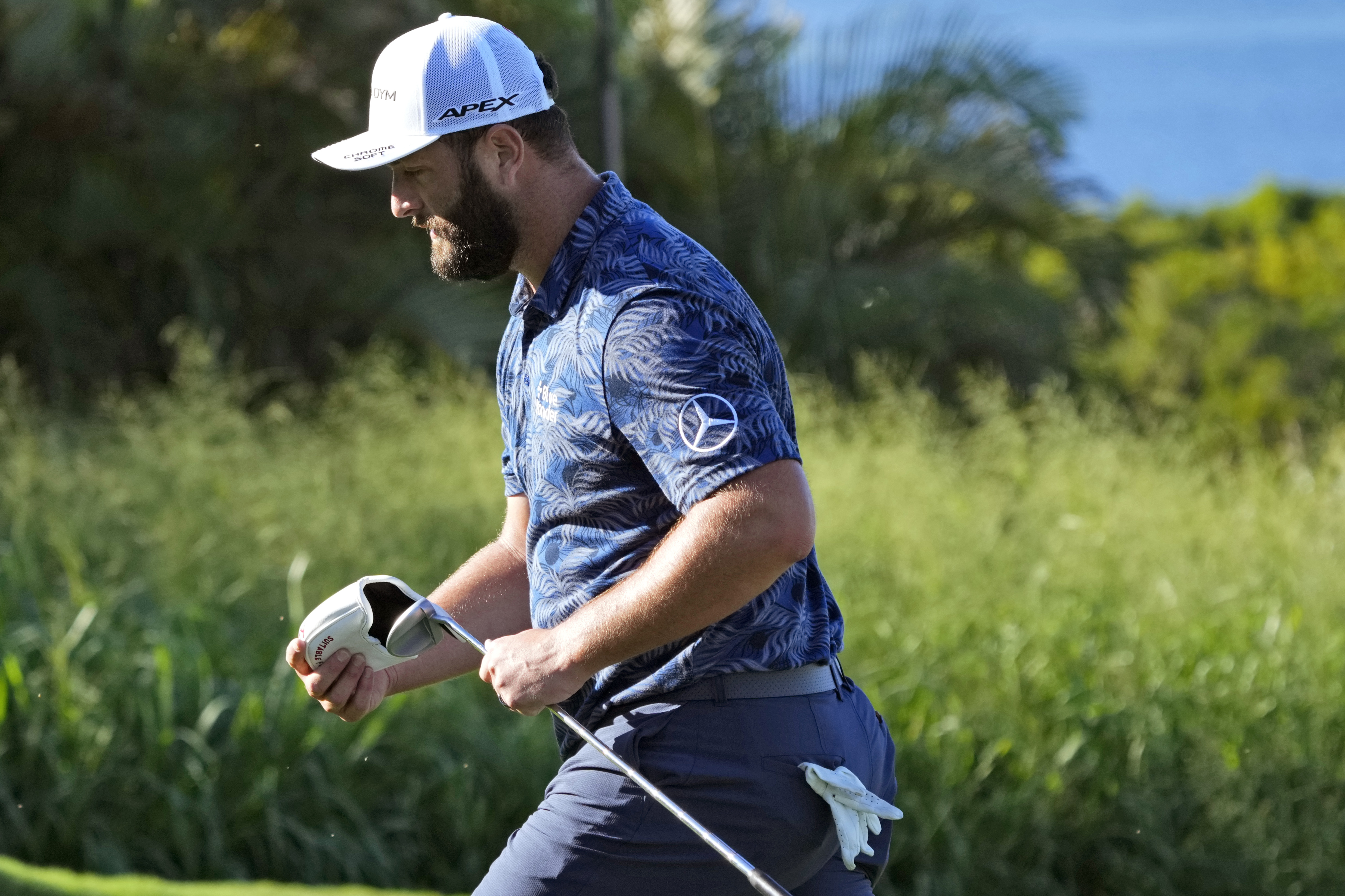 Jon Rahm, of Spain, walks off the 14th green during the first round of the Tournament of Champions golf event, Thursday, Jan. 5, 2023, at Kapalua Plantation Course in Kapalua, Hawaii.
