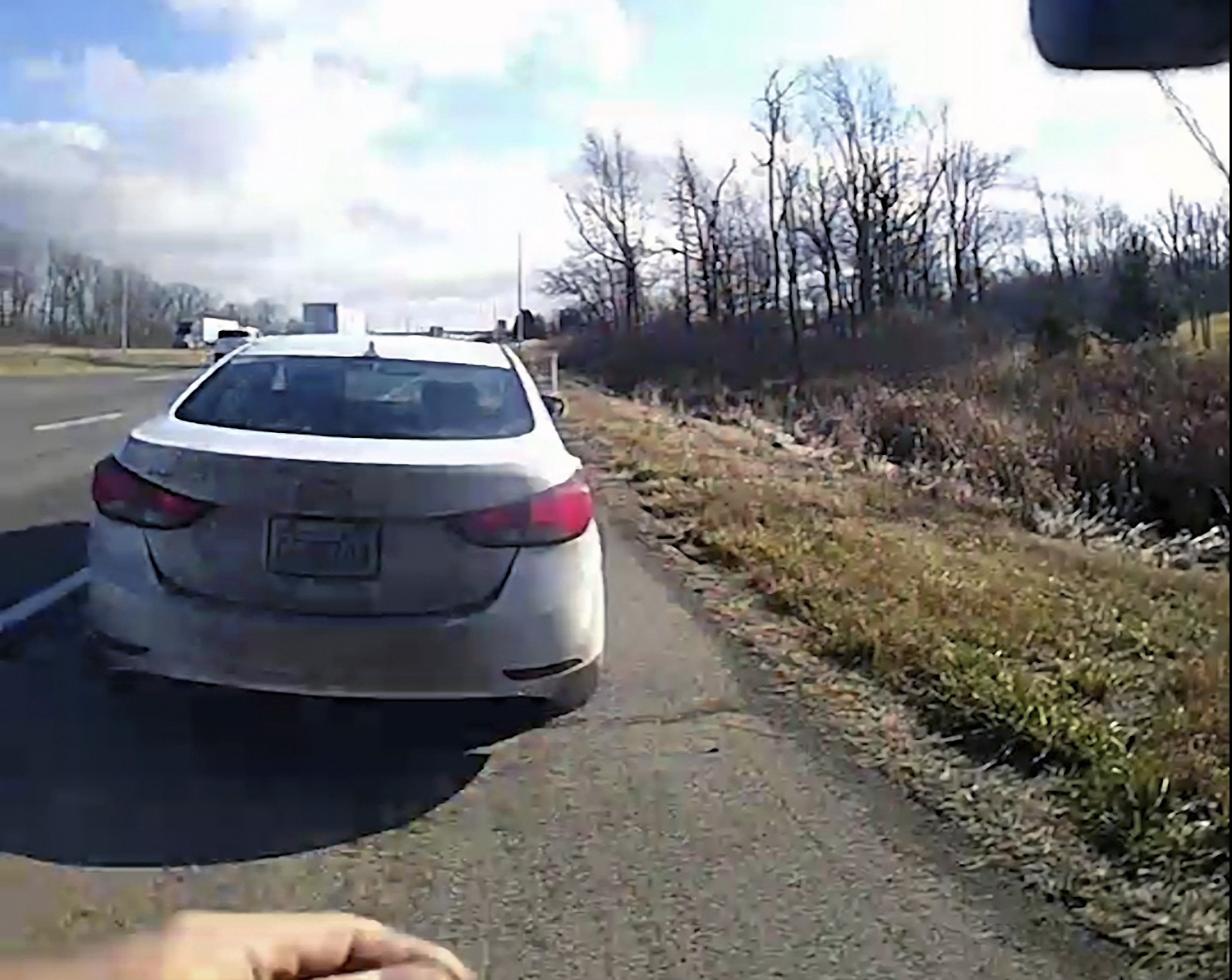 A white Hyundai Elantra occupied by Bryan Kohberger and his father is seen on a deputy’s body camera video during a traffic stop on Dec. 15, 2022, in Hancock County, Ind. Bryan Kohberger is accused in the November slayings of four University of Idaho students.