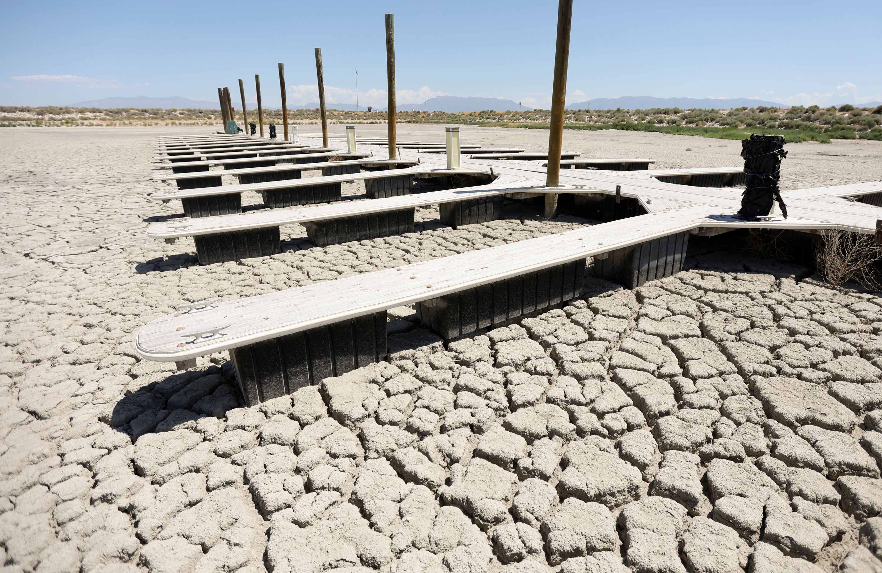 The Antelope Island marina is dried up as the Great Salt Lake experiences record low water levels on July 22, 2022. Water conservation is on the minds of the legislators this year.