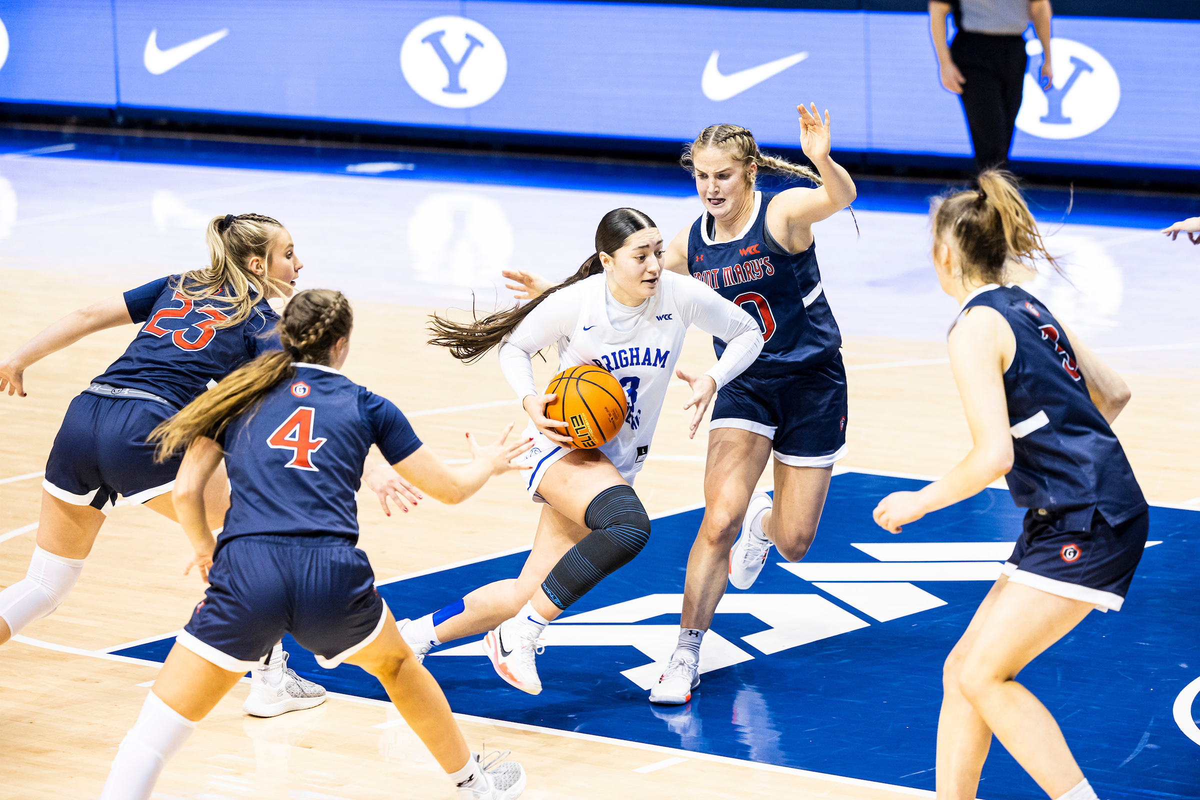 BYU guard Nani Falatea drives to take a shot during the Cougars' win over Saint Mary's, Dec. 31, 2022 at the Marriott Center in Provo.