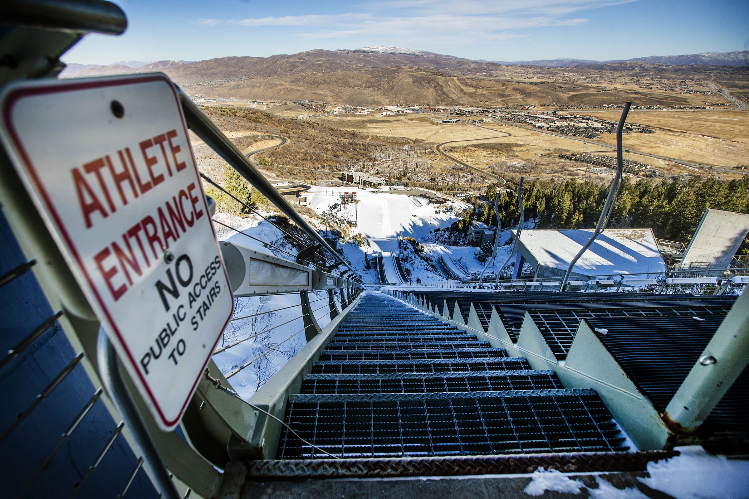 The stairs leading to the takeoff spots on the ski jump at the Utah Olympic Park near Park City are pictured on Nov. 30, 2020.