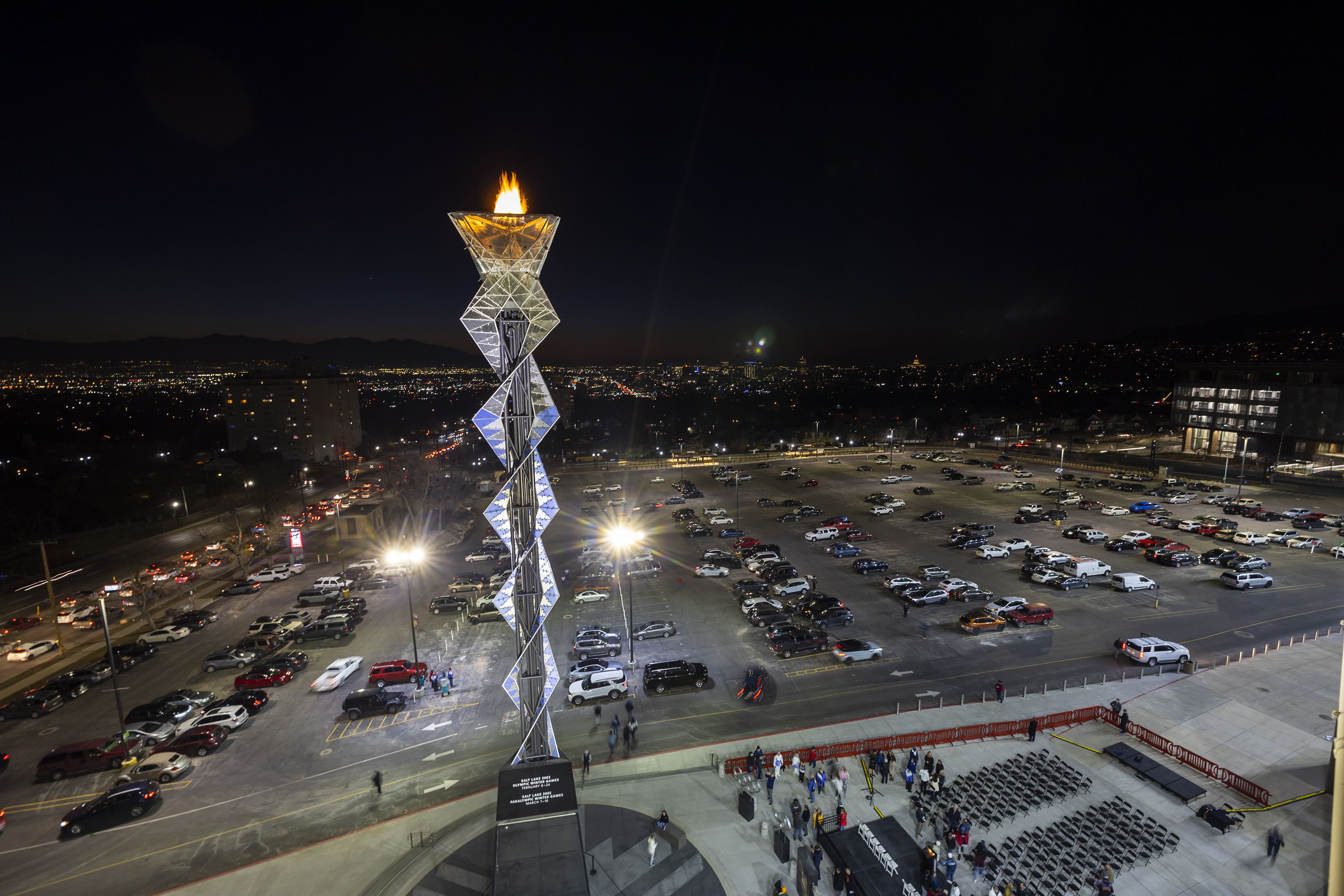 The Olympic Cauldron burns again, marking the 20-year anniversary of the Salt Lake 2002 Olympics opening ceremony at Rice-Eccles Stadium at the University of Utah in Salt Lake City on Tuesday, Feb. 8, 2022.