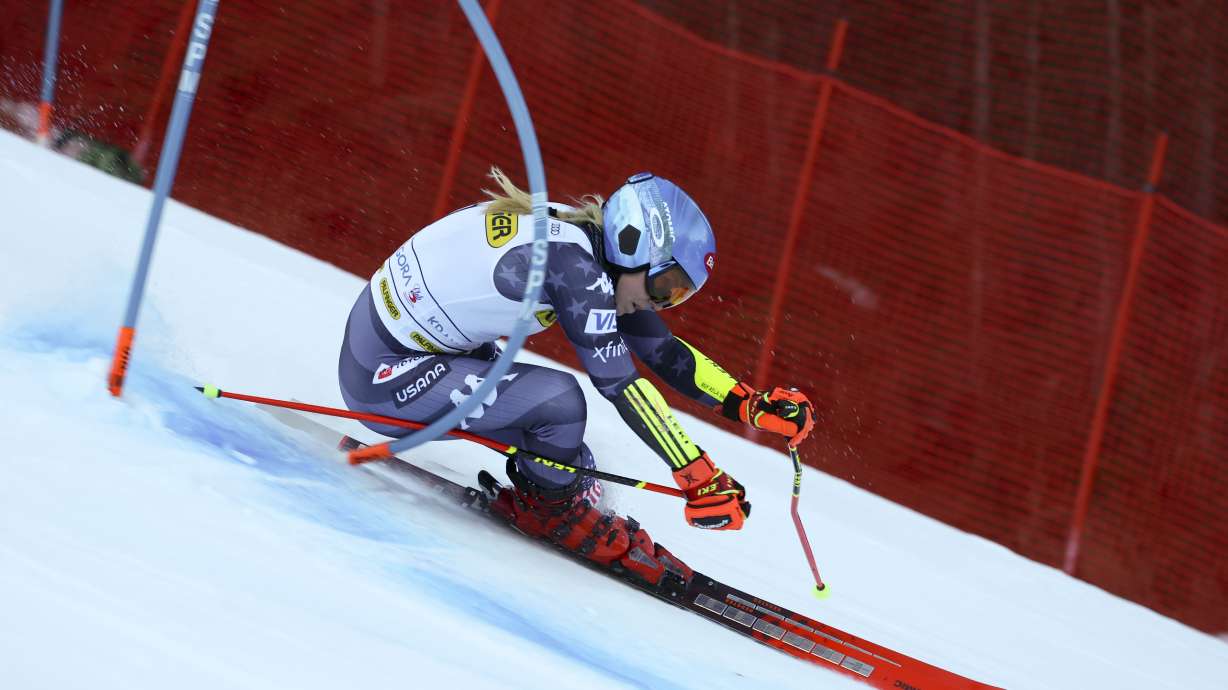 United States' Mikaela Shiffrin speeds down the course during an alpine ski, women's World Cup giant slalom race, in Kranjska Gora, Slovenia, Sunday, Jan. 8, 2023.