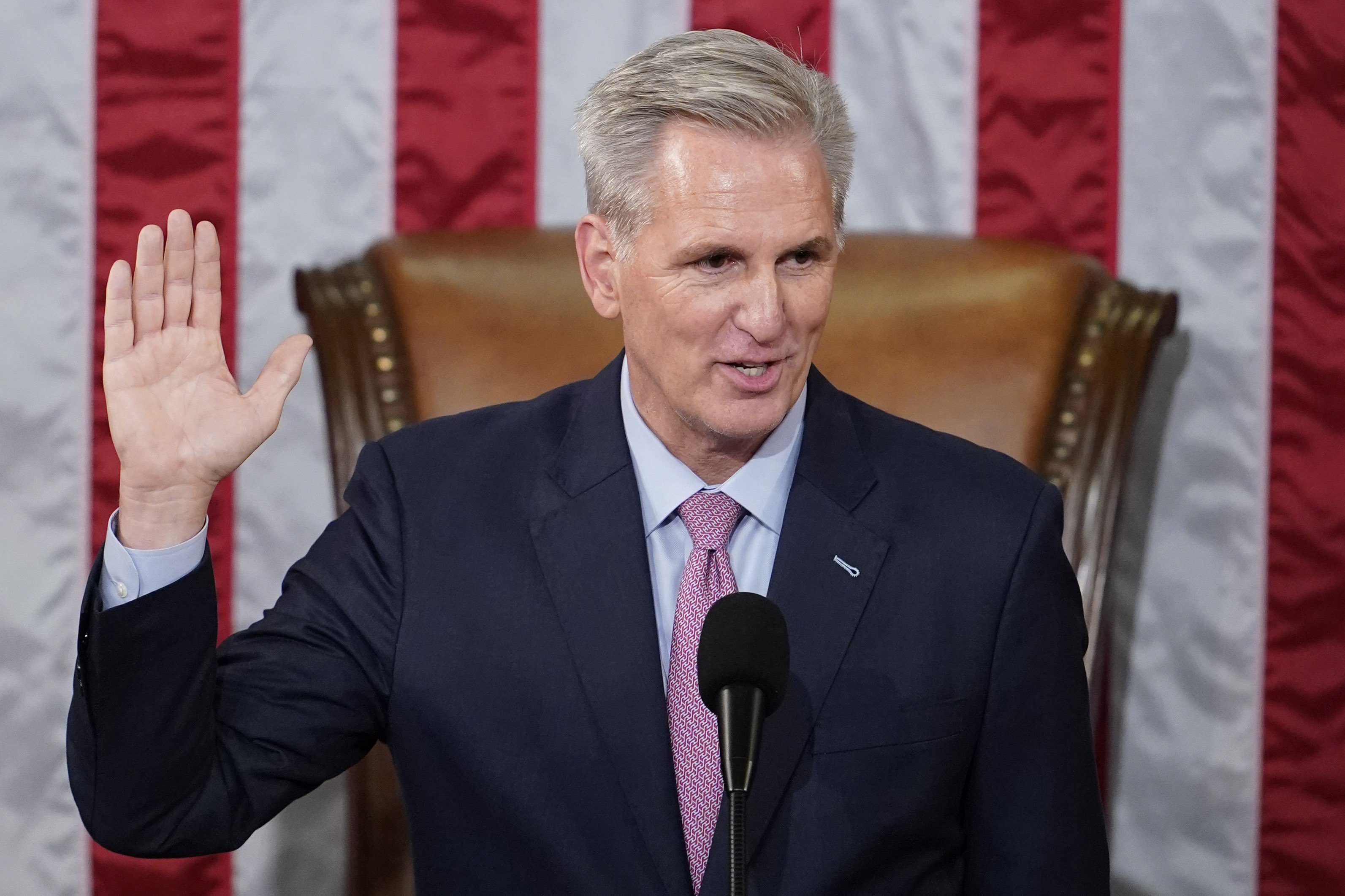 Rep. Kevin McCarthy, R-Calif., is sworn in as House Speaker in Washington on Saturday. 