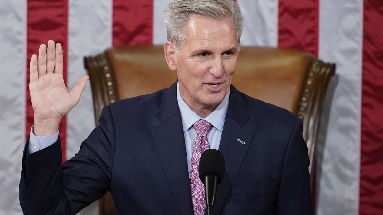 Rep. Kevin McCarthy, R-Calif., is sworn in as House Speaker in Washington on Saturday.