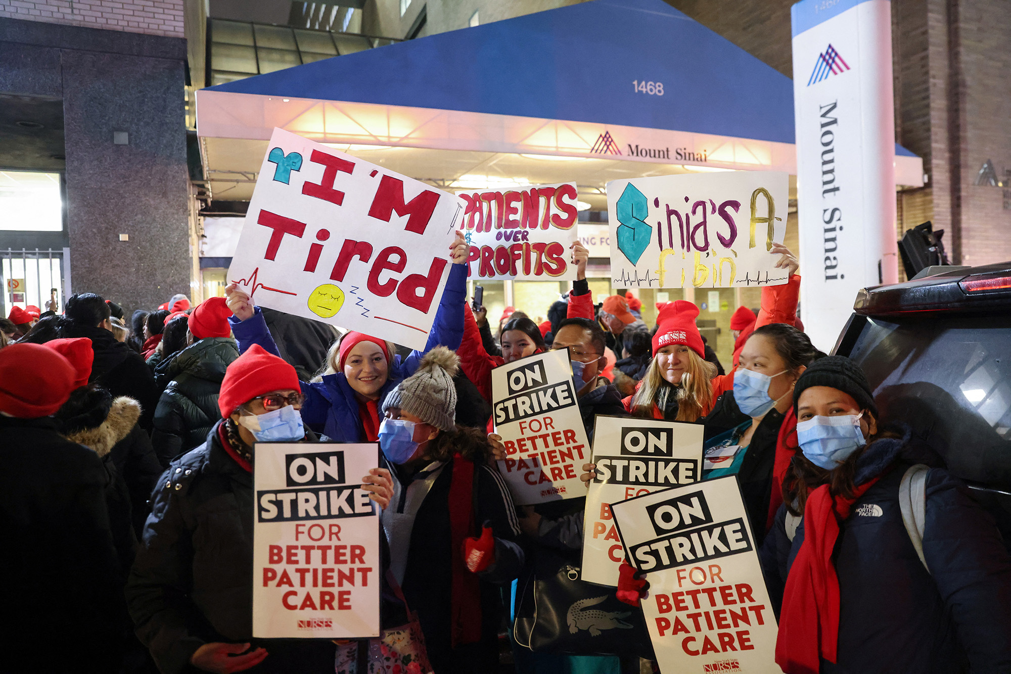 Nurses on the picket lines at Mount Sinai hospital in New York City early Monday. More than 7,000 nurses at two major New York City hospitals walked off the job.
