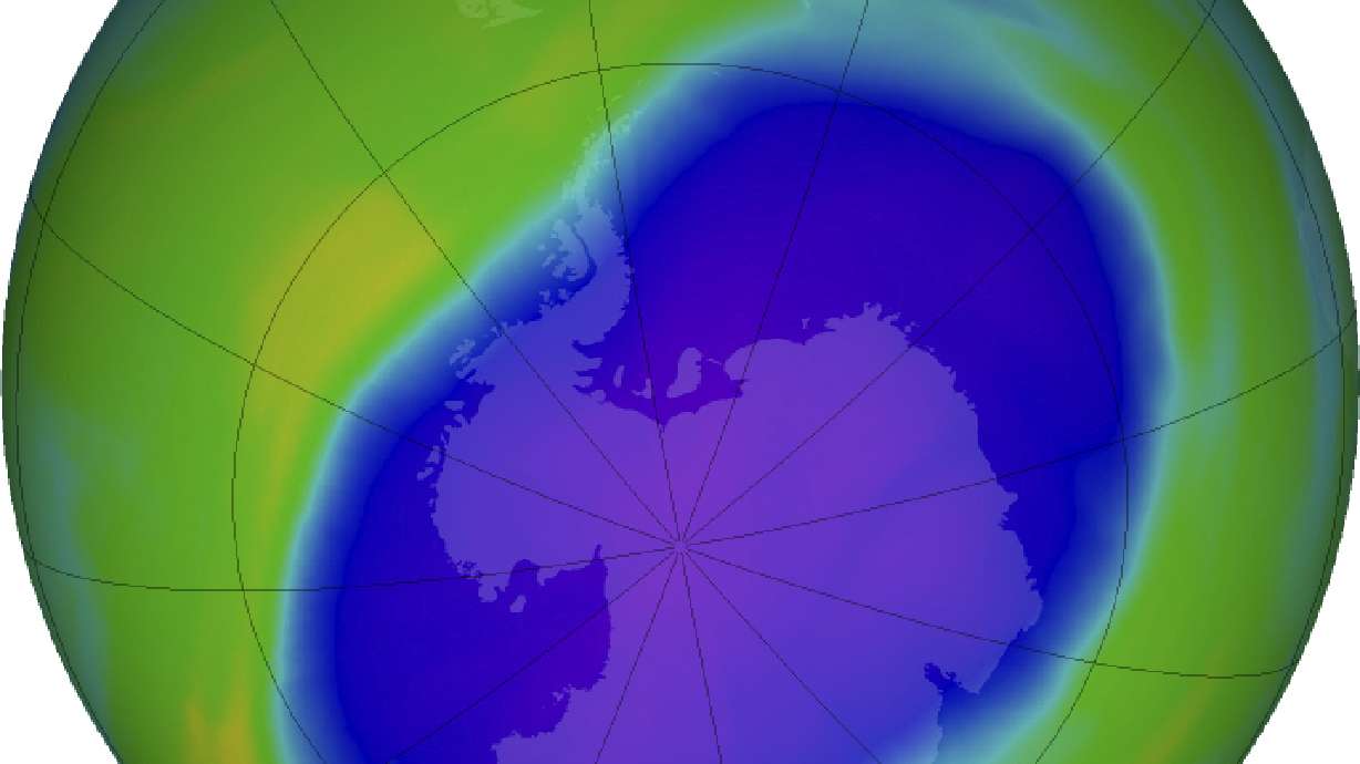 In this NASA false-color image, the blue and purple shows the hole in Earth's protective ozone layer over Antarctica on Oct. 5, 2022. Earth’s protective ozone layer is slowly but noticeably healing.