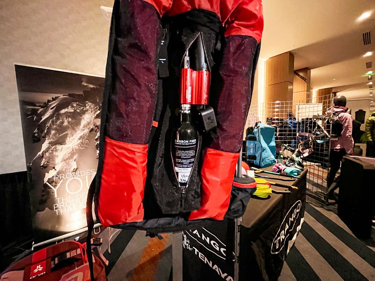 An Arva backpack with a carbon fiber canister is on display during the Outdoor Retailer media preview at the Hyatt Regency Salt Lake in Salt Lake City Monday. The carbon fiber canister is new to the U.S. after it was cleared by the federal government.