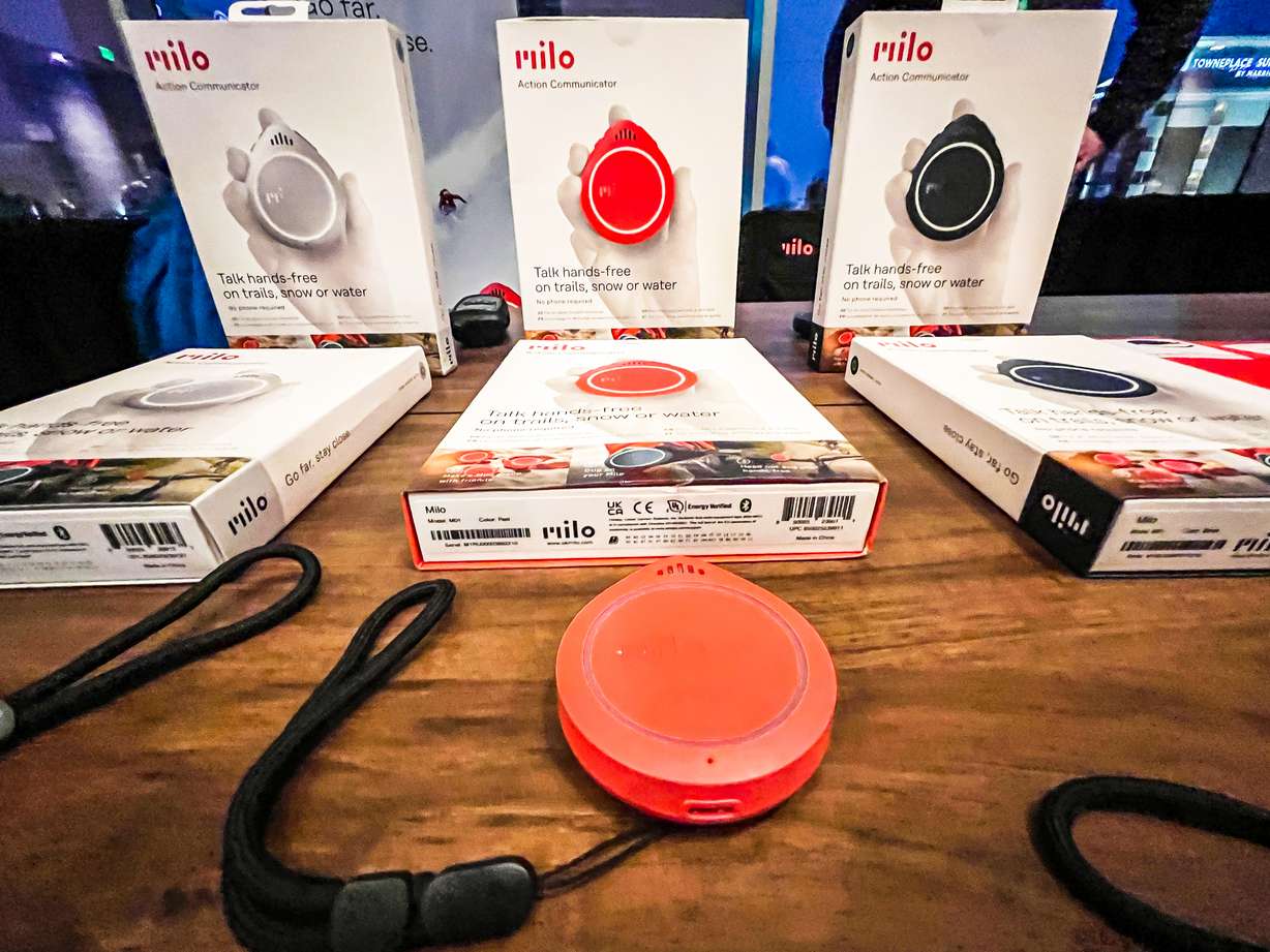 Three Milo hands-free communication devices are displayed during the Outdoor Retailer media preview at the Hyatt Regency Salt Lake in Salt Lake City Monday. The devices are new to the market this winter.