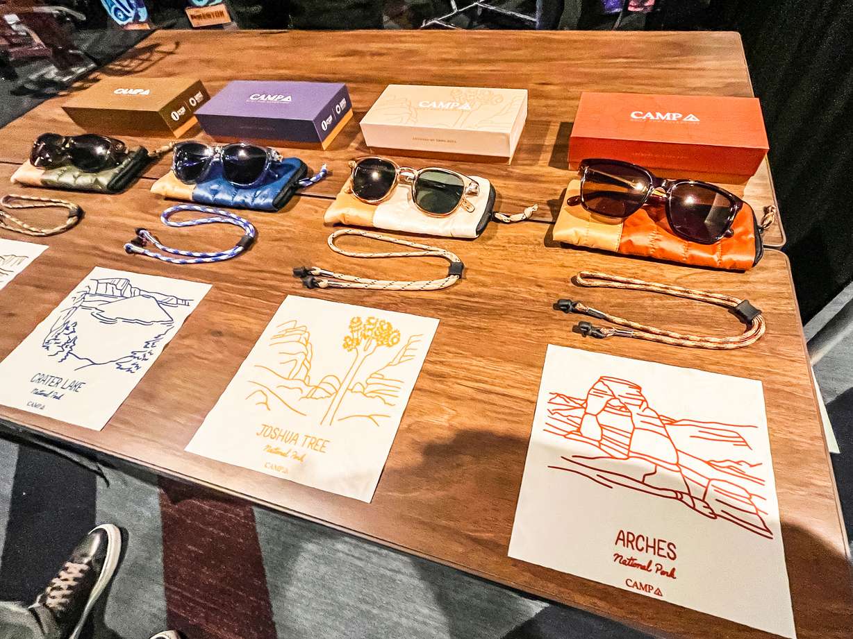 Four of Shwood Eyewear's national-park themed CAMP frames are displayed during the Outdoor Retailer media preview at the Hyatt Regency Salt Lake in Salt Lake City on Monday.