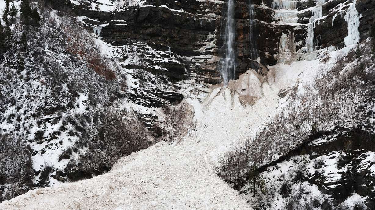 An avalanche at Bridal Veil Falls in Provo Canyon on Tuesday.
