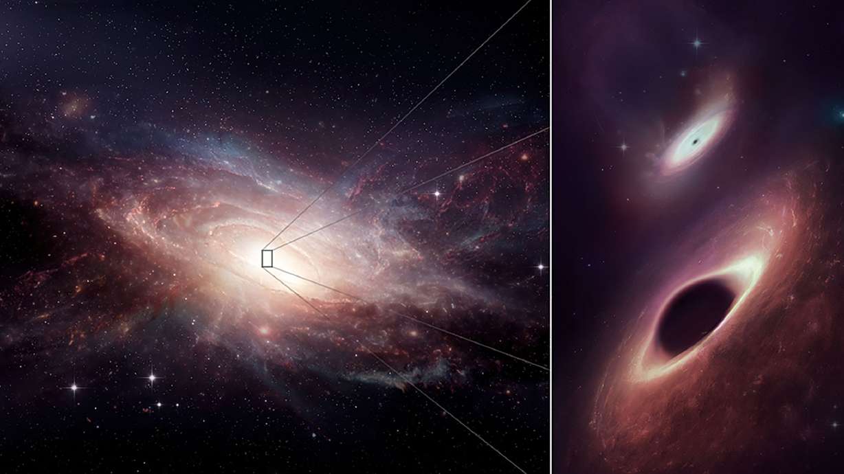 This illustration depicts the pair of black holes discovered amid a merger of two galaxies.