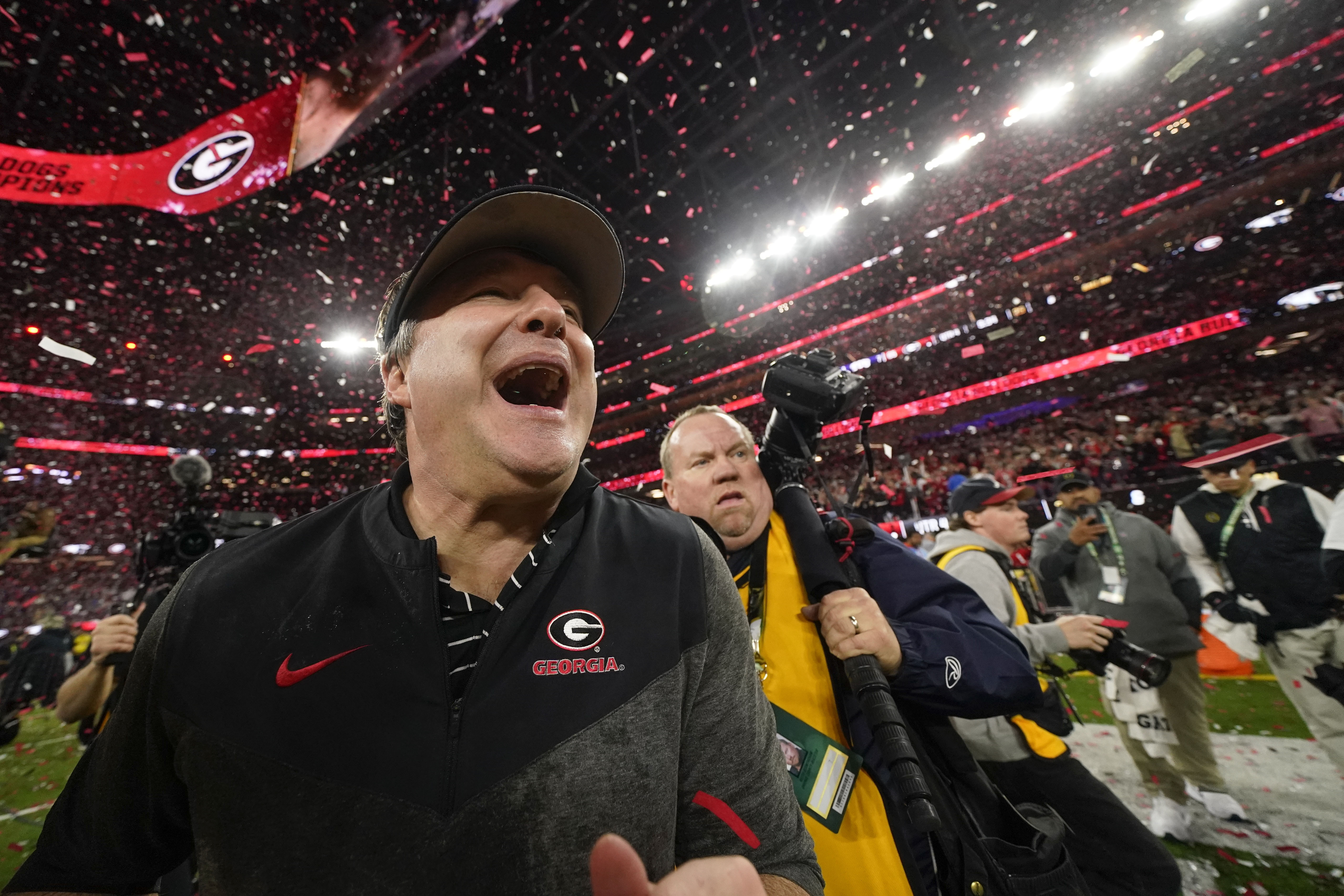 Georgia head coach Kirby Smart celebrates victory over TCUt after the national championship NCAA College Football Playoff game, Monday, Jan. 9, 2023, in Inglewood, Calif. Georgia won 65-7. 