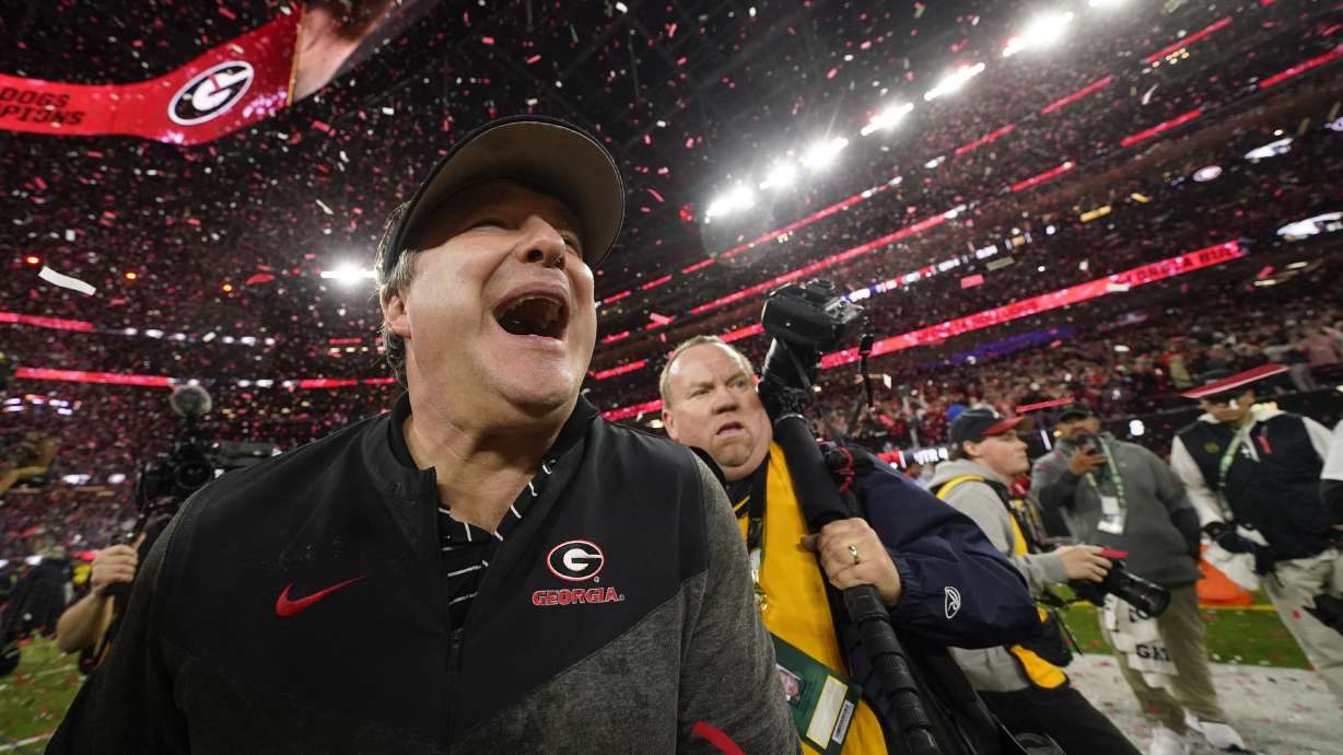 Georgia head coach Kirby Smart celebrates victory over TCUt after the national championship NCAA College Football Playoff game, Monday, Jan. 9, 2023, in Inglewood, Calif. Georgia won 65-7.