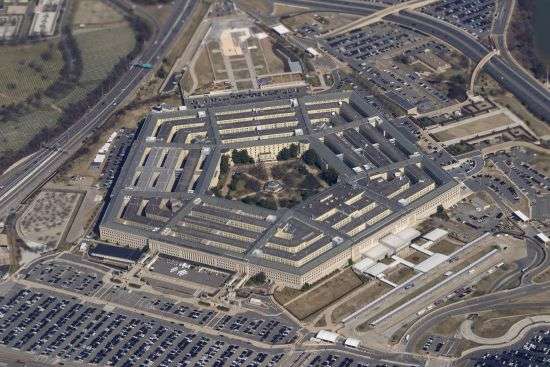 The Pentagon is seen from Air Force One as it flies over Washington, March 2, 2022. The Pentagon has formally dropped its COVID-19 vaccination mandate.