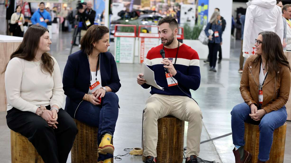 Devin Logan, Olympic silver medalist in freestyle skiing, Catherine Raney Norman, a four-time Olympic speed skater and Salt Lake City-Utah Committee for the Games chair, Chris Mazdzer, Olympic silver medalist in men’s single luge, and Salt Lake City Mayor Erin Mendenhall participate in a Climate and Sport panel discussion at the Outdoor Retailer Snow Show at the Salt Palace Convention Center in Salt Lake City on Tuesday.