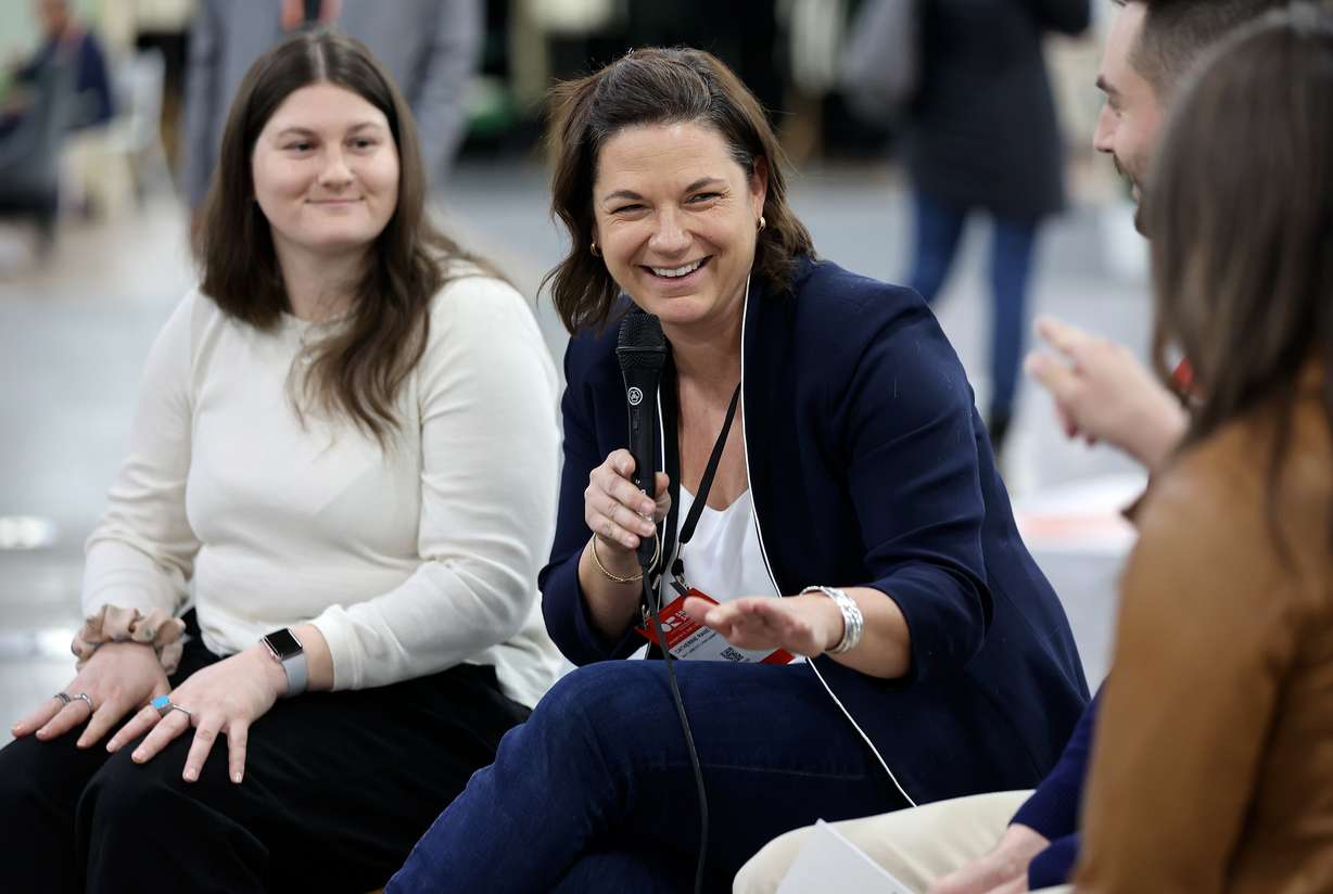 Catherine Raney Norman, a four-time Olympic speed skater and Salt Lake City-Utah Committee for the Games chair, speaks during a Climate and Sport panel discussion at the Outdoor Retailer Snow Show at the Salt Palace Convention Center in Salt Lake City on Tuesday.