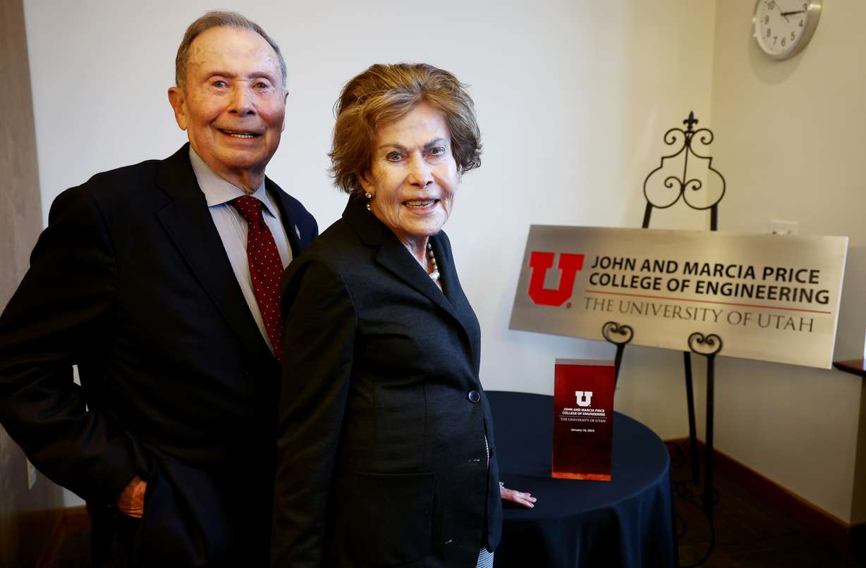 Former U.S. Ambassador John Price and his wife Marcia Price pose for a photo during a small reception following the ceremony where the College of Engineering at The University of Utah was renamed the John and Marcia Price College of Engineering in Salt Lake City on Tuesday.