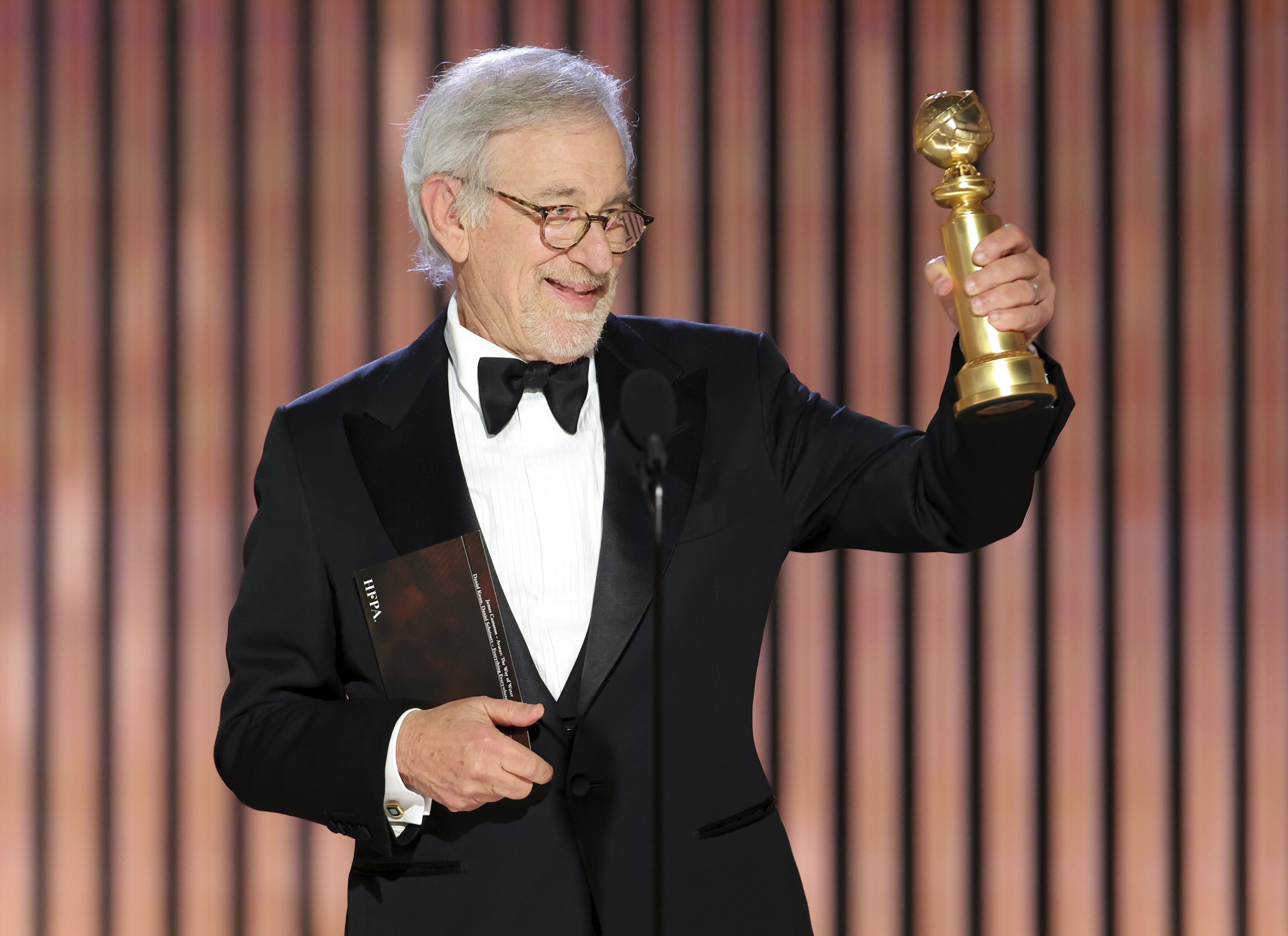 This image released by NBC shows Steven Spielberg accepting the Best Director award for "The Fabelmans" during the 80th Annual Golden Globe Awards at the Beverly Hilton Hotel on Tuesday in Beverly Hills, Calif.