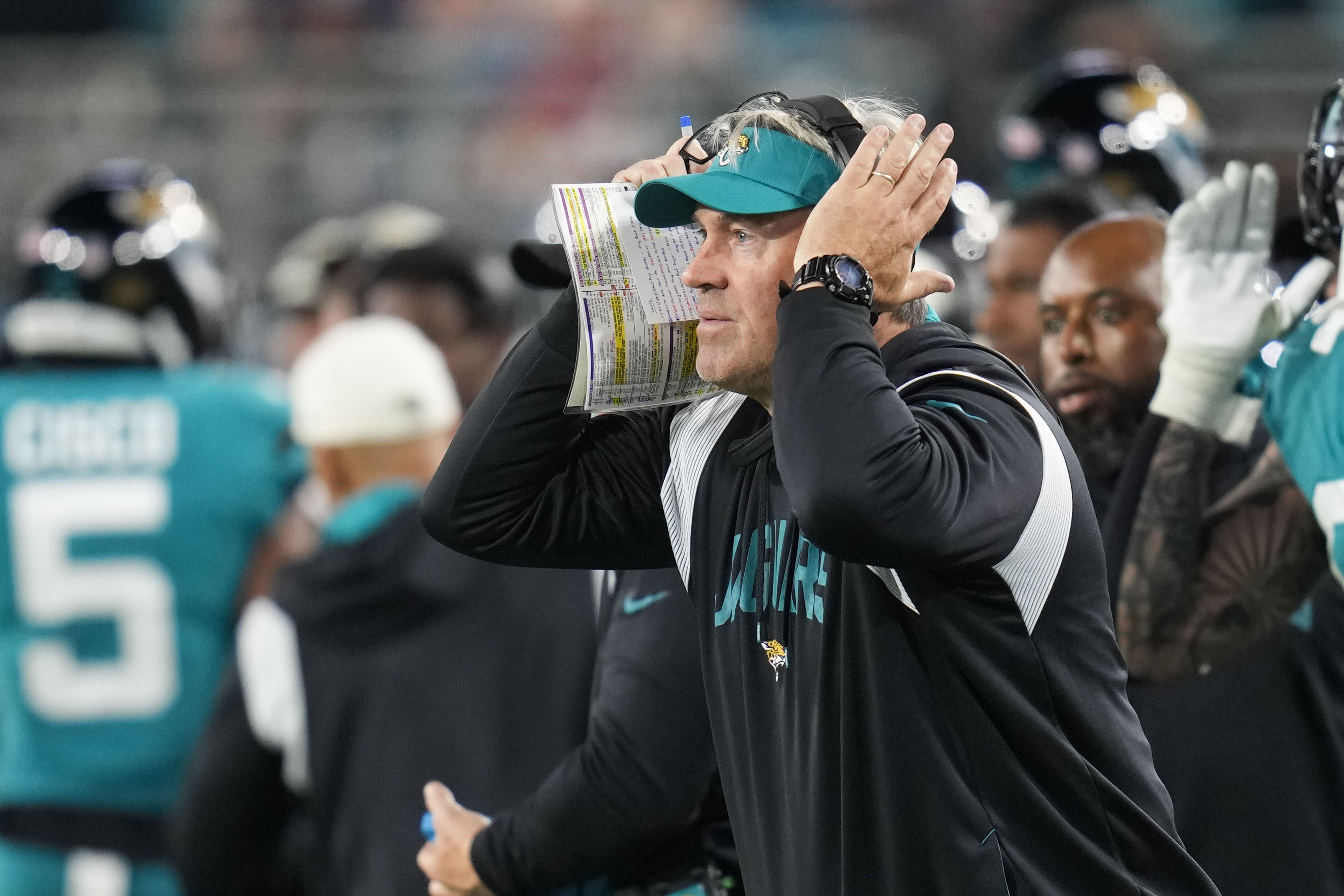 Jacksonville Jaguars head coach Doug Pederson watches from the sideline in the second half of an NFL football game against the Tennessee Titans, Saturday, Jan. 7, 2023, in Jacksonville, Fla. 