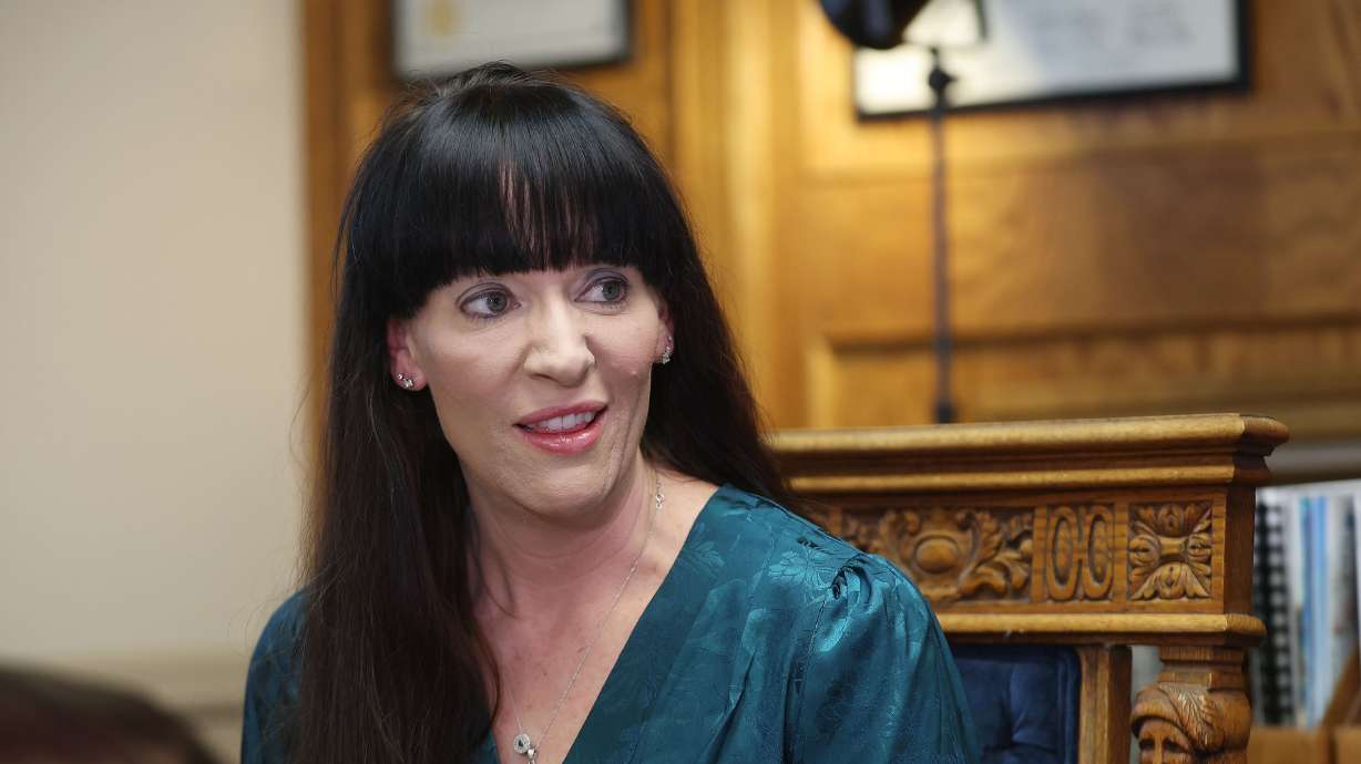 Chantelle Jones speaks during a press conference in Salt Lake City about her complaint against the city of Saratoga Springs and its police department. In a separate case, Jones is charged with aggravated arson for an Eagle Mountain fire last year.