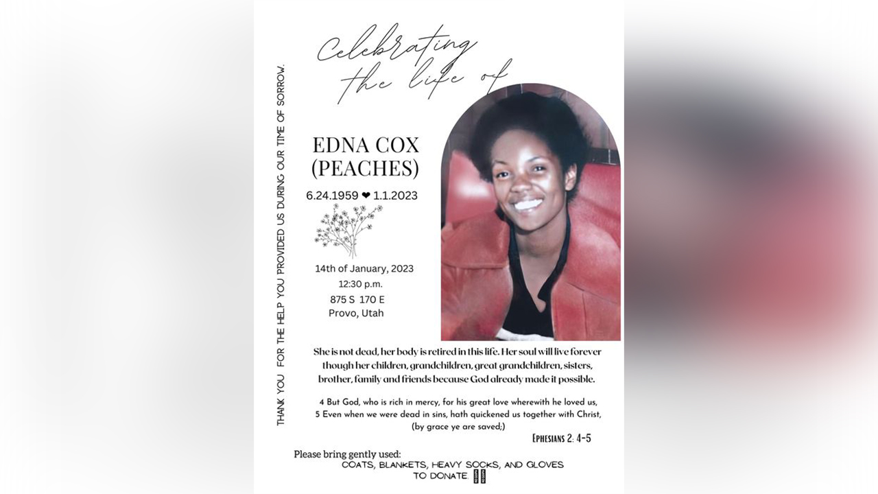 A memorial service for Edna Cox, who died while experiencing homelessness, will be held Saturday, Jan. 14, at 12:30 p.m. at the Genesis Project in Provo.