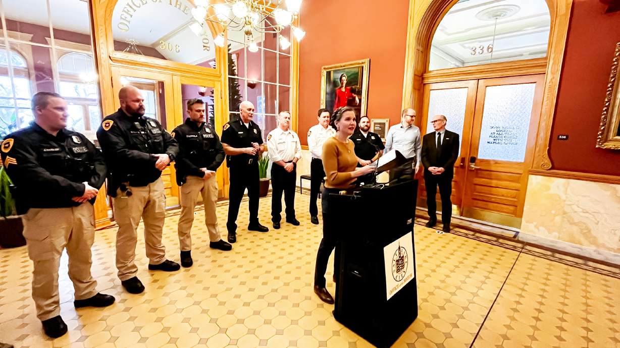 Salt Lake City Mayor Erin Mendenhall announces that the city is taking the first steps to join the Vision Zero Network during a press conference at the Salt Lake City-County Building on Wednesday.