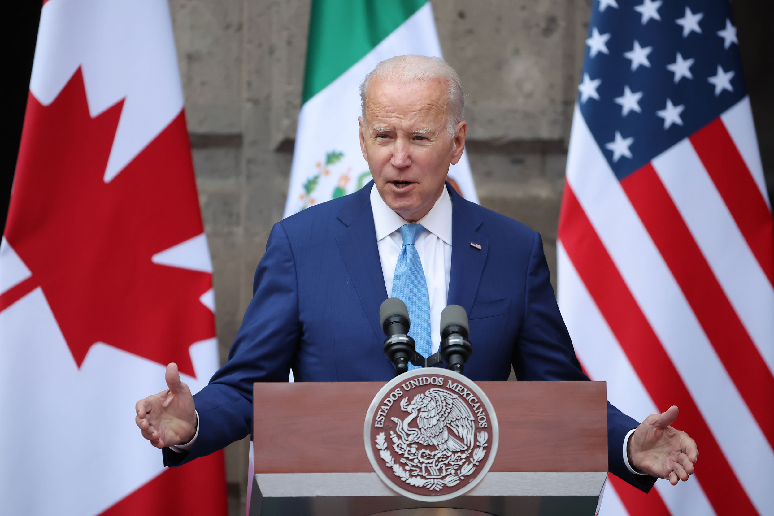 The White House on Wednesday refused to answer a number of critical questions about the classified documents from Joe Biden's time as vice president discovered inside a private office last fall. Biden is pictured here speaking in Mexico City on Tuesday.