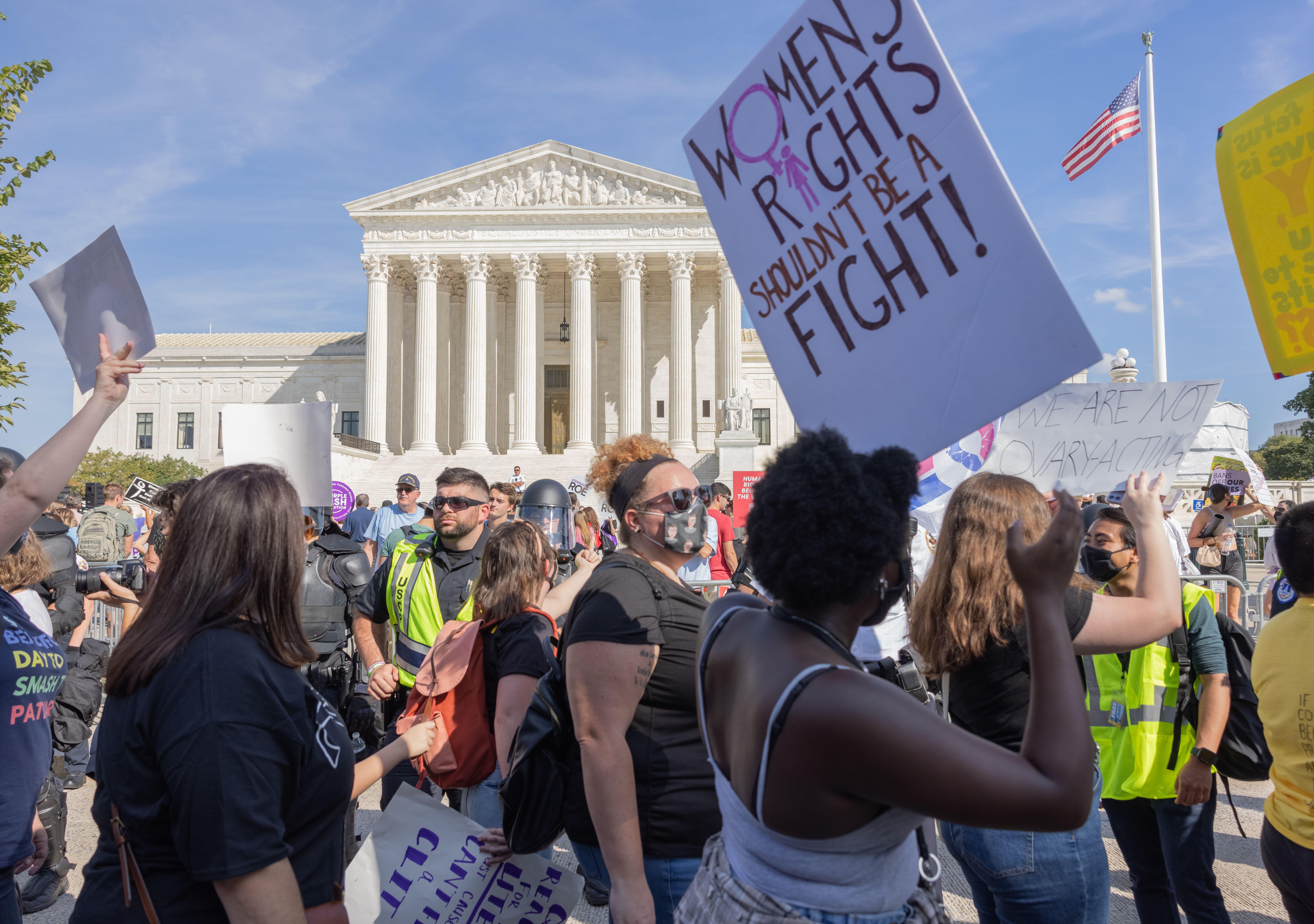 Demonstrators participating in the 2021 Women's March protest near the United States Supreme Court on Oct. 2, 2021. House Republicans are spotlighting the issue of abortion as they roll out their legislative agenda in the new Congress. 