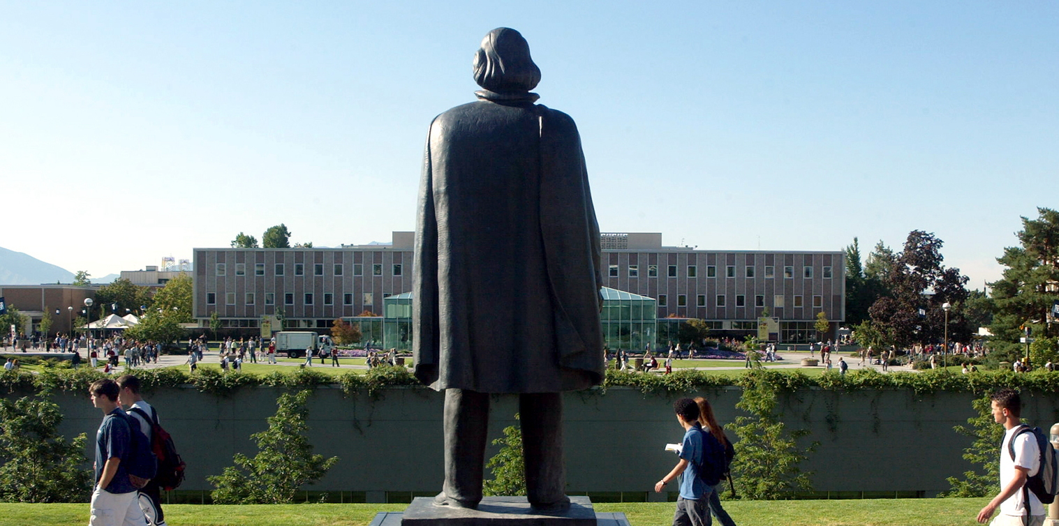 A statue of Brigham Young watches over the campus of BYU on Sept. 3, 2003. The BYU Slavery Project is dedicated to understanding and documenting the university's history related to slavery and race relations during the Jim Crow and Civil Rights eras.