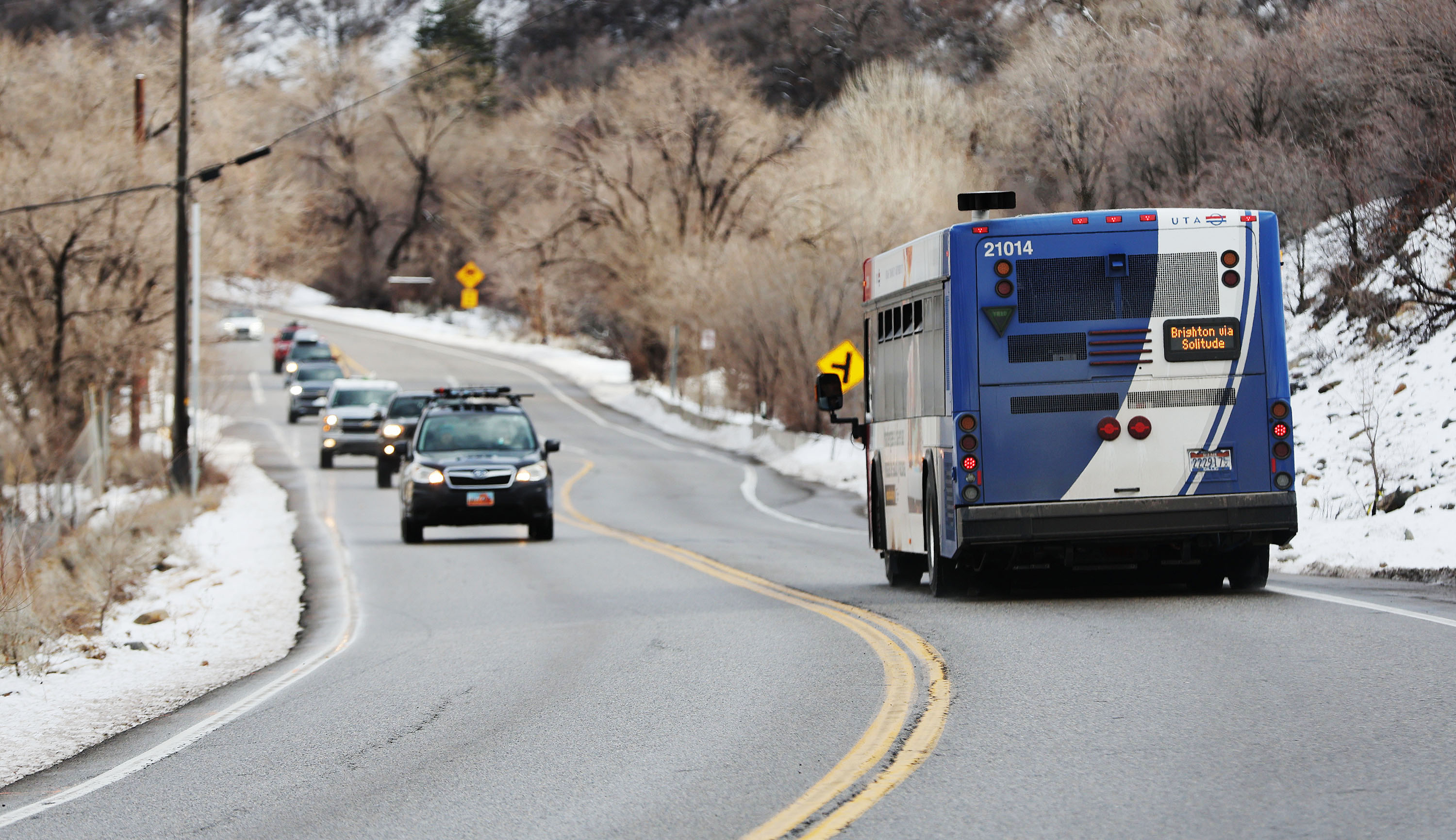 A Utah Transit Authority ski bus drives up Big Cottonwood Canyon on Jan. 11. UTA leaders say they're working on several changes that will help improve this winter's ski bus service after big cuts last year.