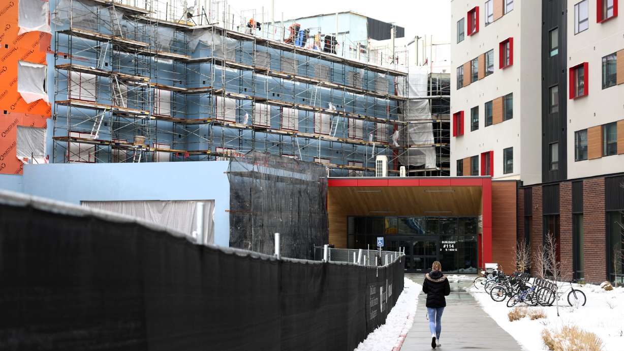 A fourth wing of Kahlert Village is under construction on the University of Utah campus in Salt Lake City on Wednesday. According to officials, 430 beds in the fourth wing of Kahlert Village are slated to be available this fall.