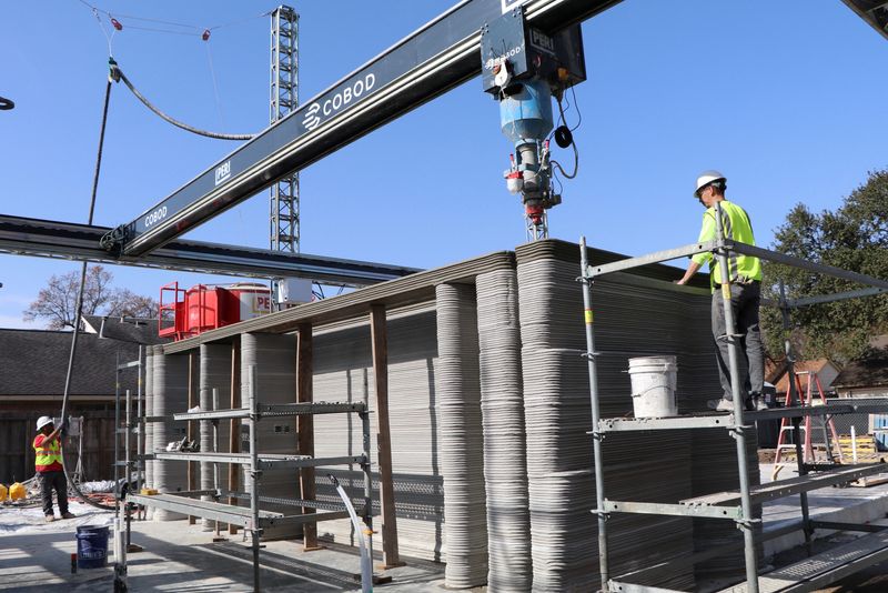 A 12-ton industrial 3D printer is used to print concrete for the first 3D-printed, two-story home currently under construction in Houston, Jan. 3.