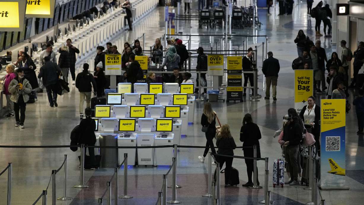People check into their flights at Harry Reid International Airport, Wednesday, in Las Vegas. Delays and cancellations among flights across the country were minimal on Thursday, a day after a system failed, grounding some planes for hours.