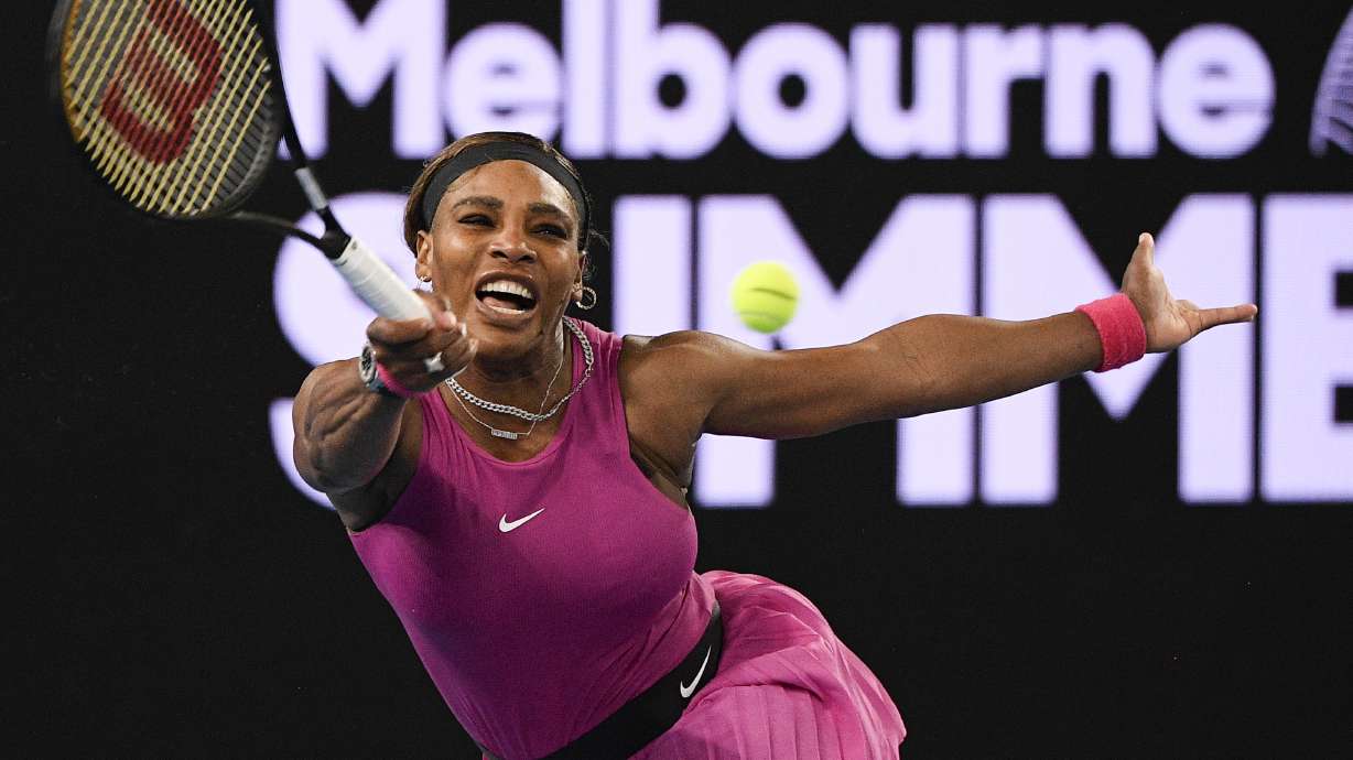 FILE - United States' Serena Williams makes a forehand return to compatriot Danielle Collins during a tuneup event ahead of the Australian Open tennis championships in Melbourne, Australia, Friday, Feb. 5, 2021.