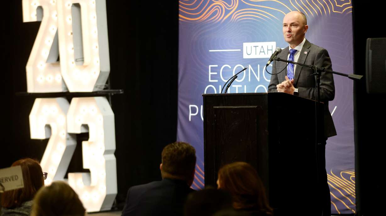 Gov. Spencer Cox speaks at the Utah Economic Summit in Salt Lake City on Thursday.
