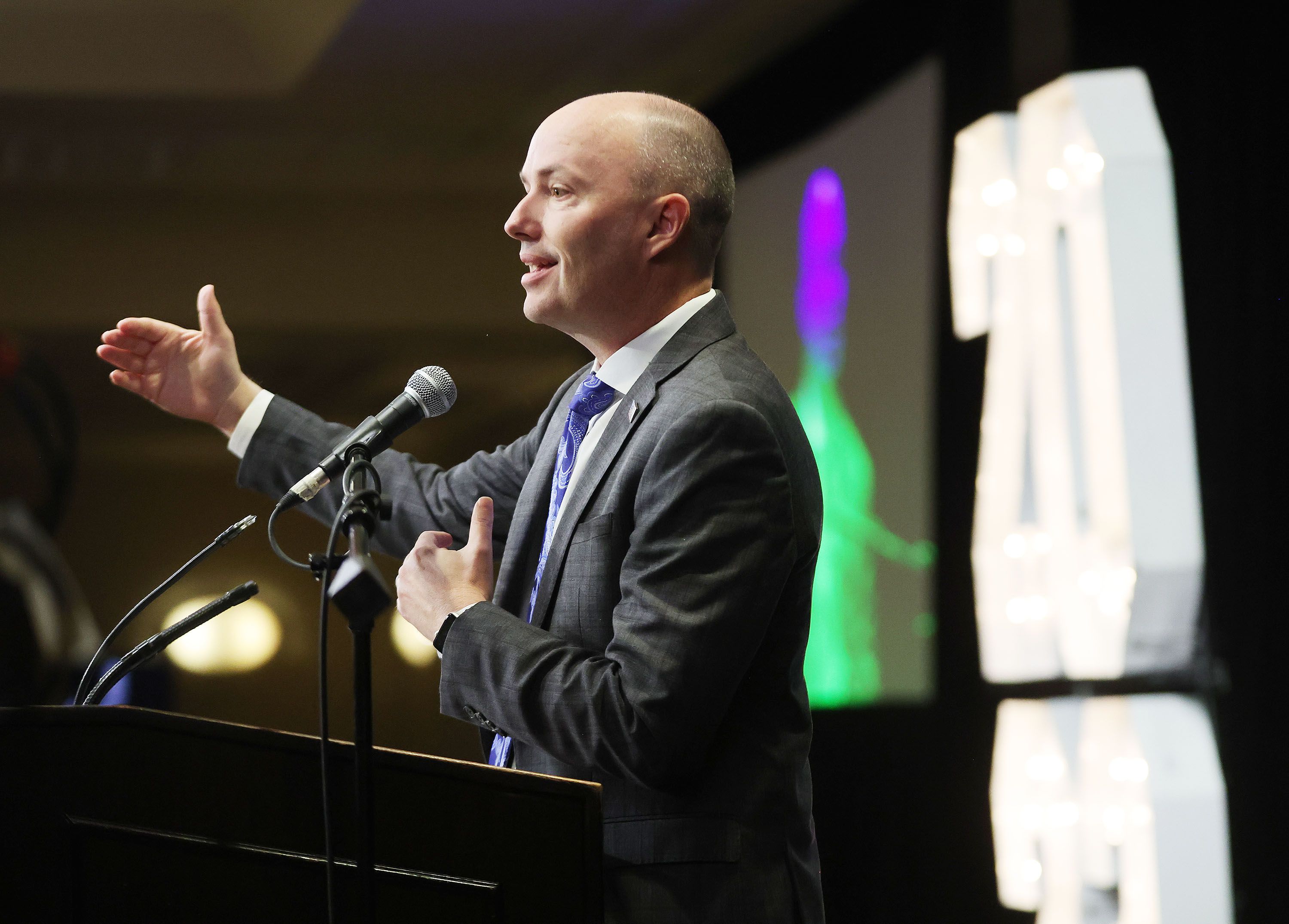 Gov. Spencer Cox speaks during the Utah Economic Outlook and Public Policy Summit in Salt Lake City on Thursday.