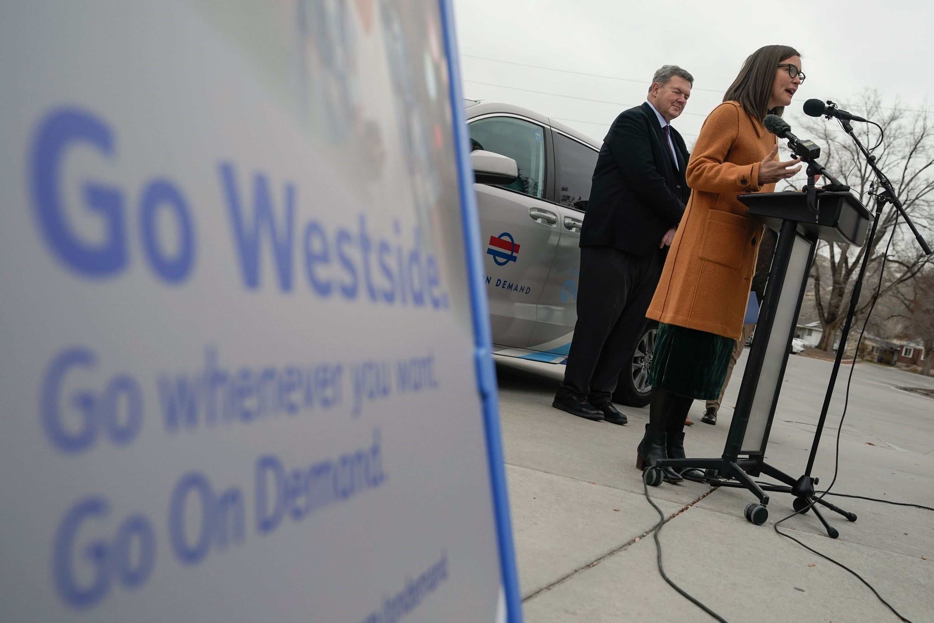 Salt Lake City Mayor Erin Mendenhall helps launch UTA On Demand for west-side neighborhoods during an event at the Northwest Community Center in Salt Lake City on Dec. 13, 2021. Just over one year later, the program has exceeded all expectations, Utah Transit Authority officials said Tuesday.