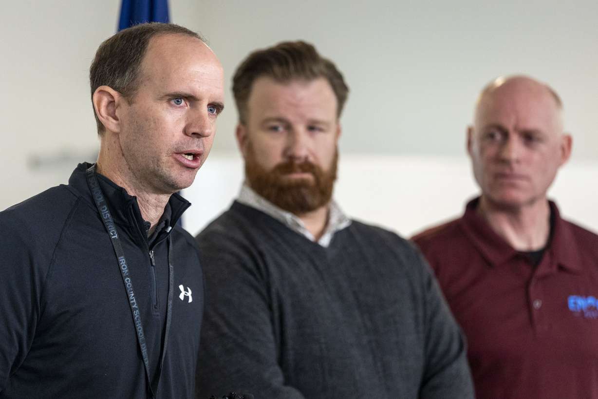 Tim Marriott, with the Iron County School District, speaks during a press conference regarding the killing of a family of seven by a relative in Enoch, Iron County, on Jan. 5. Police say a father killed his five children, his wife and a relative before taking his own life.