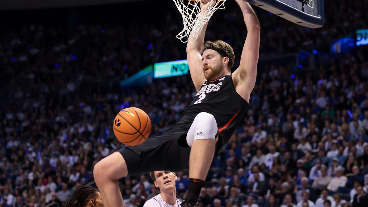 Gonzaga Bulldogs forward Drew Timme (2) dunks during the game against the BYU Cougars at the Marriott Center in Provo on Thursday, Jan. 12, 2023.