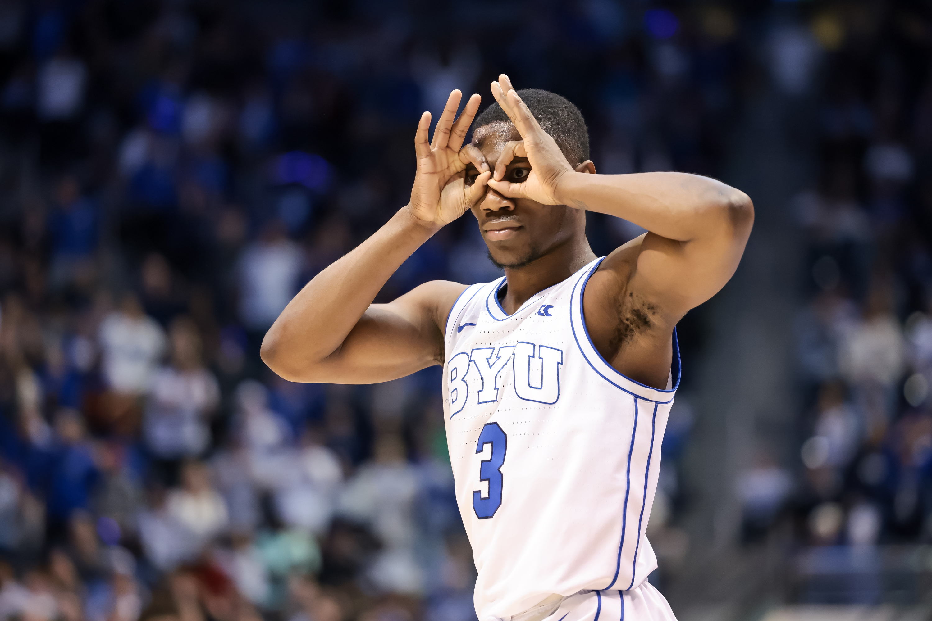 Brigham Young guard Rudi Williams (3) reacts as BYU leads the Gonzaga Bulldogs at the Marriott Center in Provo on Thursday, Jan. 12, 2023.