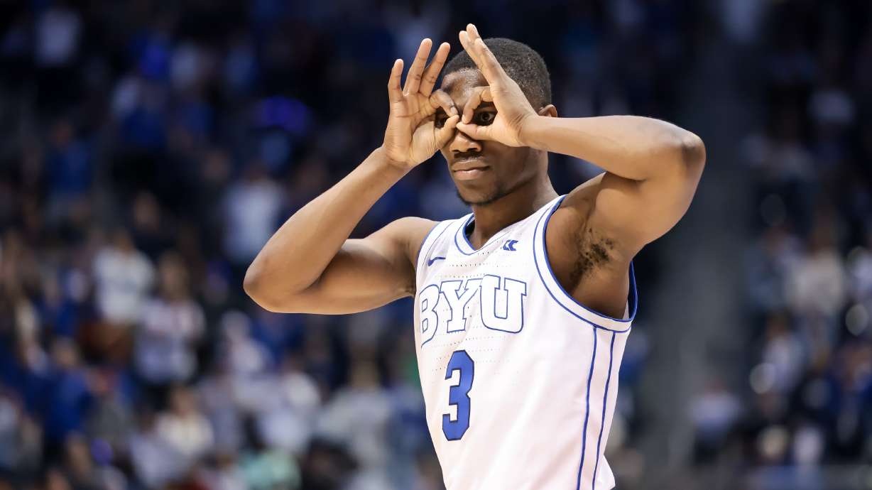 BYU Cougars guard Rudi Williams (3) reacts as BYU leads the Gonzaga Bulldogs at the Marriott Center in Provo on Thursday, Jan. 12, 2023.