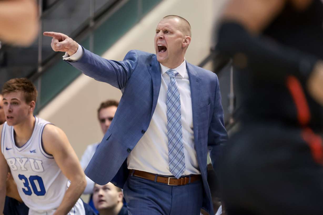 BYU Cougars head coach Mark Pope calls out from the bench during the game against the Gonzaga Bulldogs at the Marriott Center in Provo on Thursday, Jan. 12, 2023.