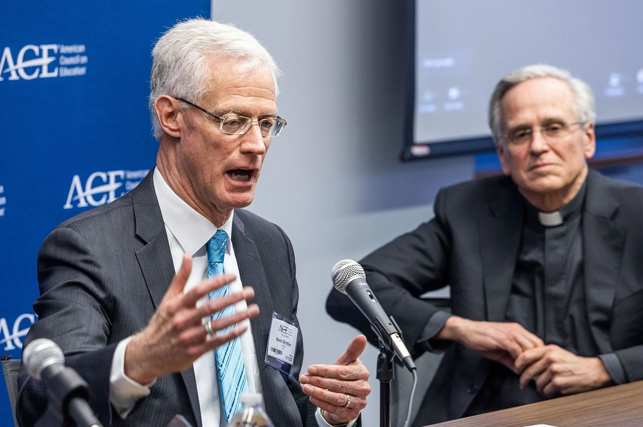 Kevin Worthen, president of Brigham Young University, and the Rev. John Jenkins, president of Notre Dame, discuss issues during a forum on the fate of the religious university in Washington D.C., Thursday.