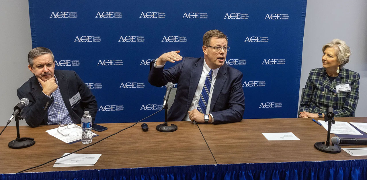 Elder Clark Gilbert, church commissioner of education for The Church of Jesus Christ of Latter-day Saints, center, makes comments as author and former editor of the Chronicle of Higher Education Jeff Selingo, left, and Shirley Hoogstra, president of the Council of Christian Colleges and Universities, participate during a forum focusing on the fate of the religious university at the offices of The American Council on Education in Washington D.C., Thursday.
