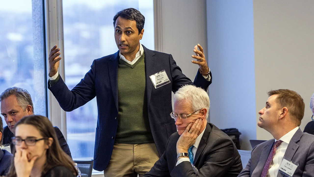 Eboo Patel, president of Interfaith America, poses a question during a forum focusing on the fate of the religious university at the offices of The American Council on Education in Washington D.C., Thursday.