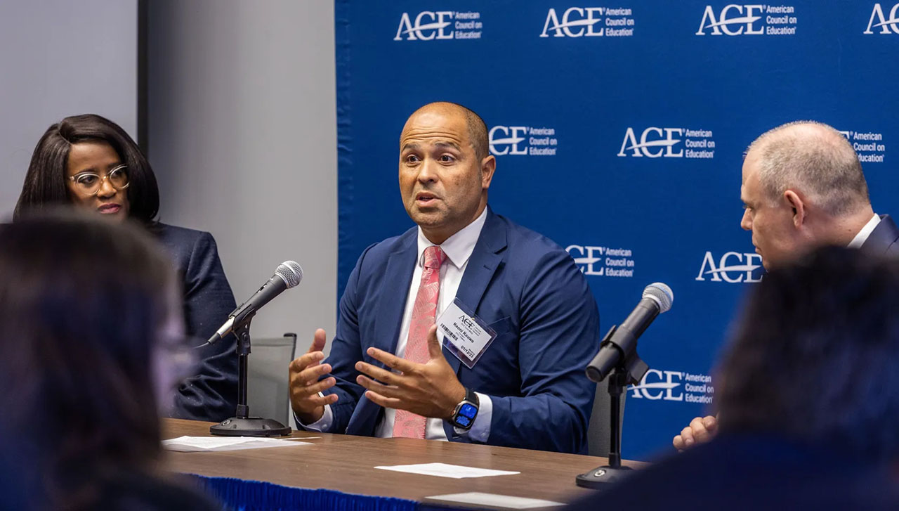 From left, Kim Lee, of the American Council on Education listens as Keoni Kauwe, president of Brigham Young University-Hawaii, speaks during a forum focusing on the fate of the religious university at the offices of The American Council on Education in Washington D.C., Thursday. Brad Johnson, president of College of the Ozarks listens at right.