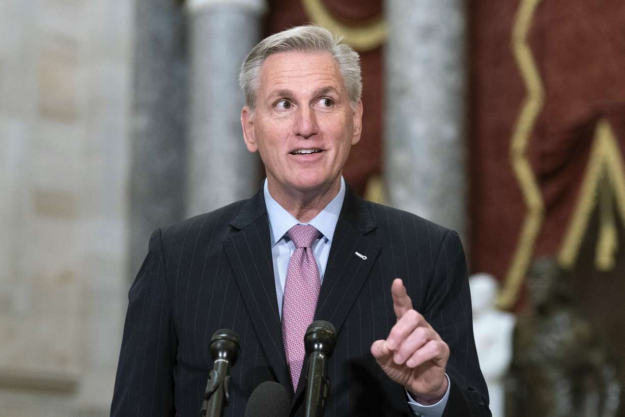 Speaker of the House Kevin McCarthy, R-Calif., speaks during a news conference in Statuary Hall at the Capitol in Washington, Jan. 12.
