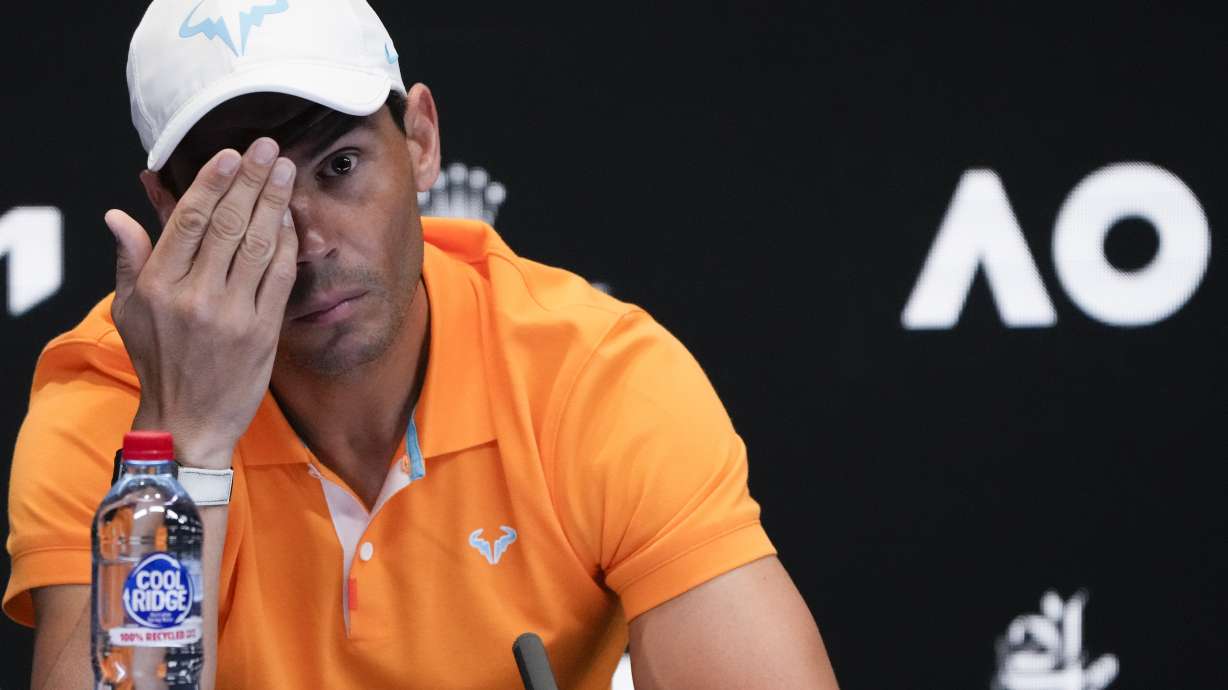 Spain's Rafael Nadal gestures during a press conference ahead of the Australian Open tennis championship in Melbourne, Australia, Saturday, Jan. 14, 2023.